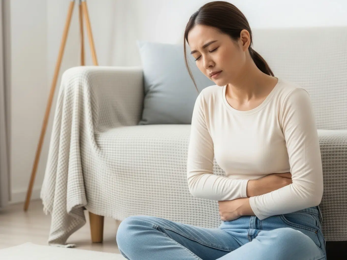 menstrual pain and abdominal discomfort woman sitting on floor holding stomach