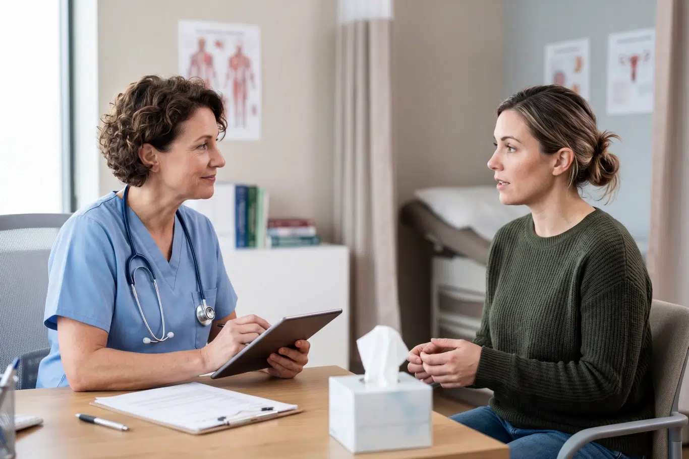 female gynecologist talking patient Healthcare professional consults with patient in medical office